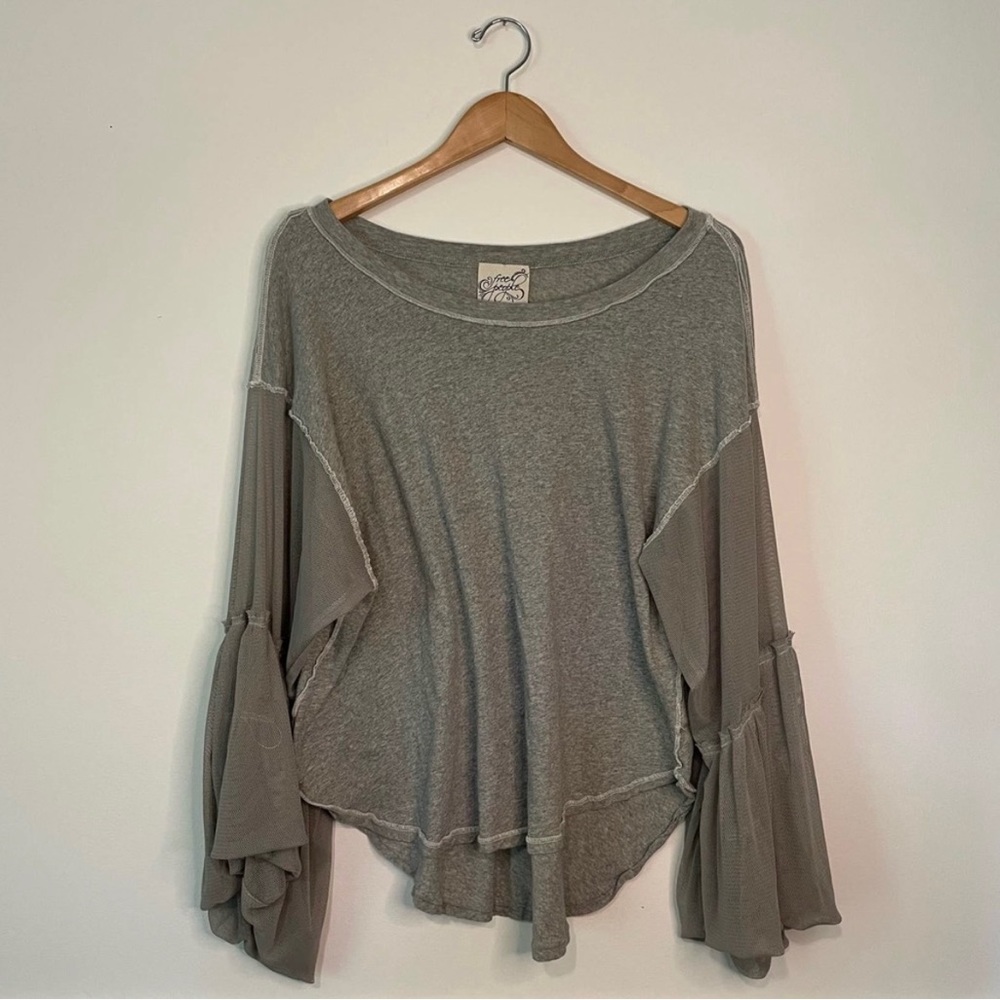 Free People Light Gray Mesh Sleeve Short Sleeve Top - Picture 8 of 8